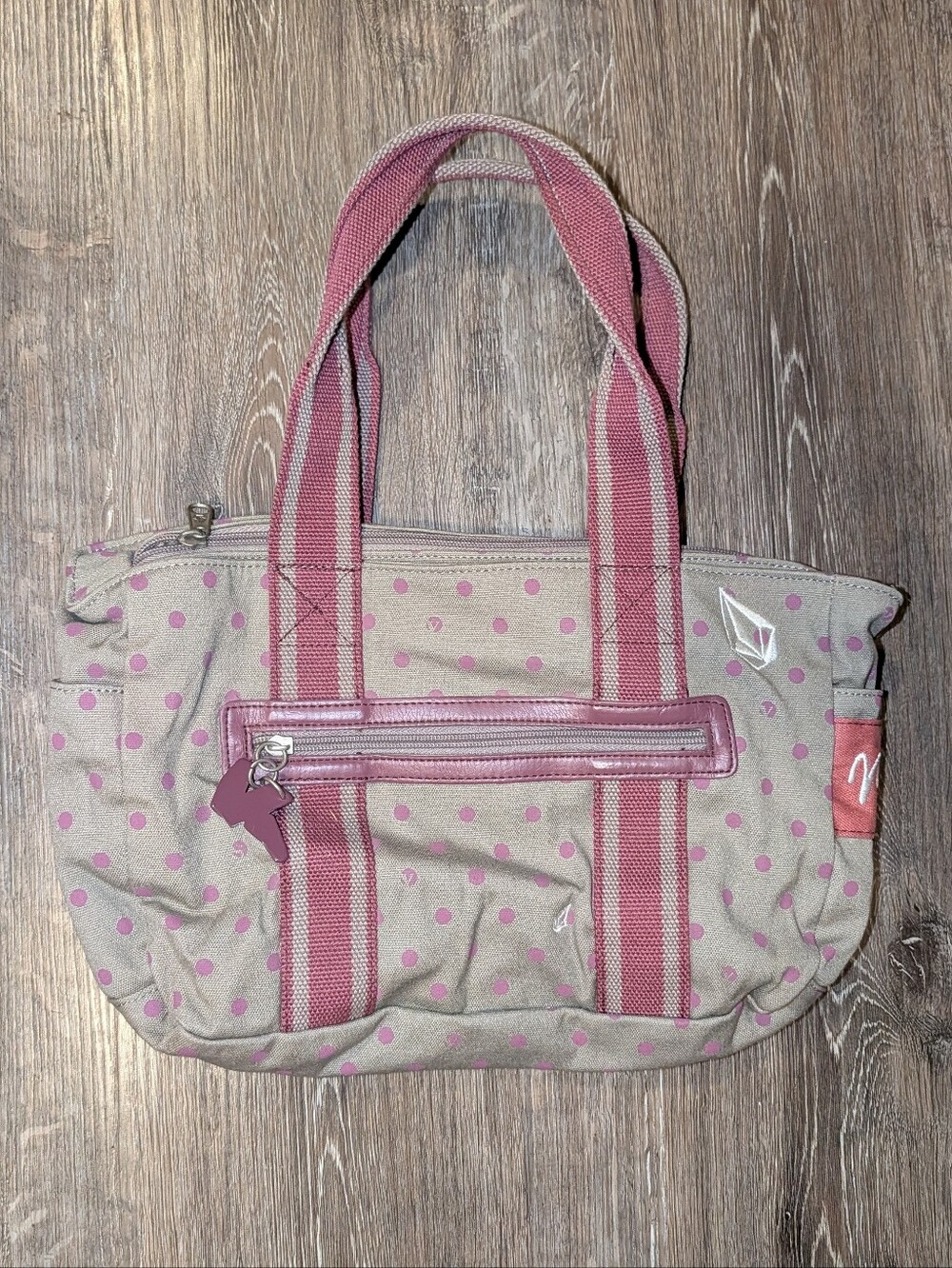 Vintage Volcom Light Brown Canvas Tote w/ Polka Dots